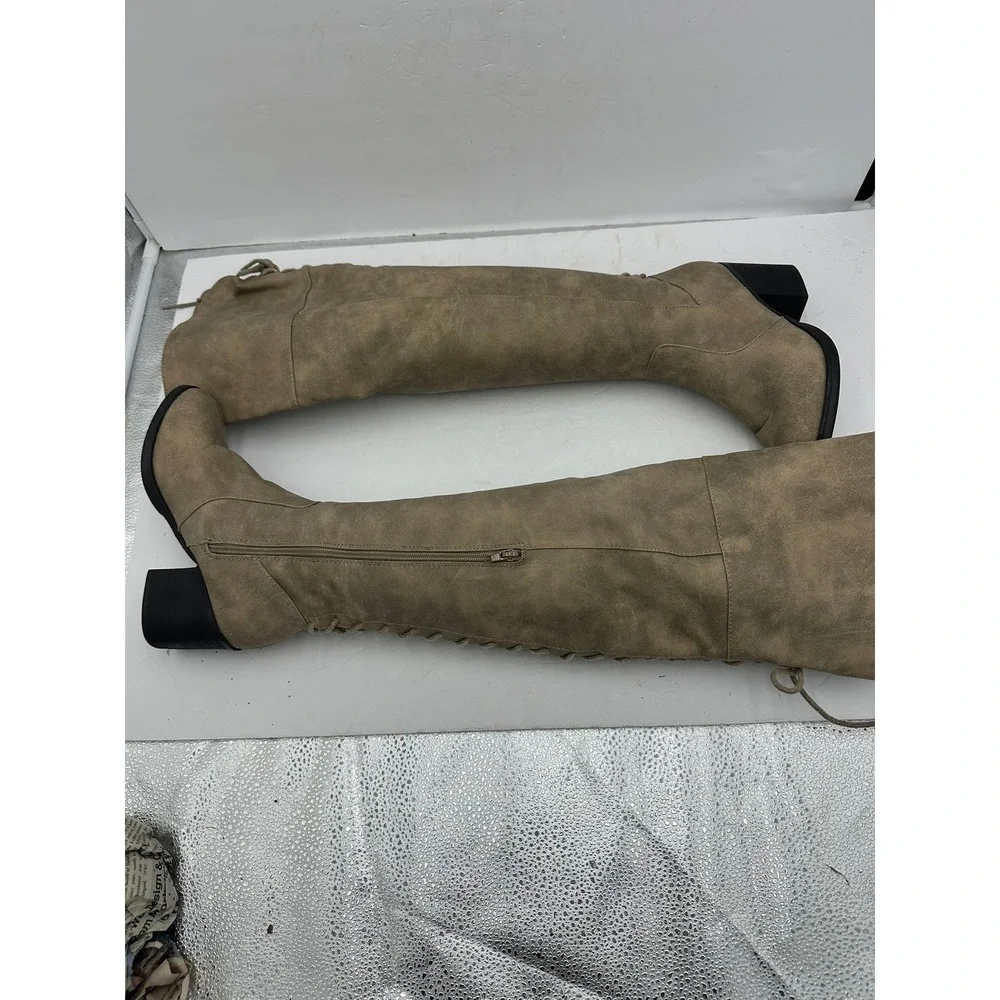 Bamboo Women Taupe Faux Suede Lace Up Back Over The Knee Block Heel Boots Size 7